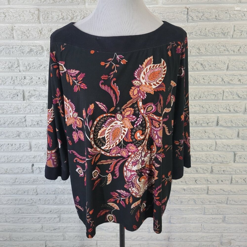 Style Co Womens Top 2X Plus 3/4 Sleeve Black Floral Velour Neckline FLO94E